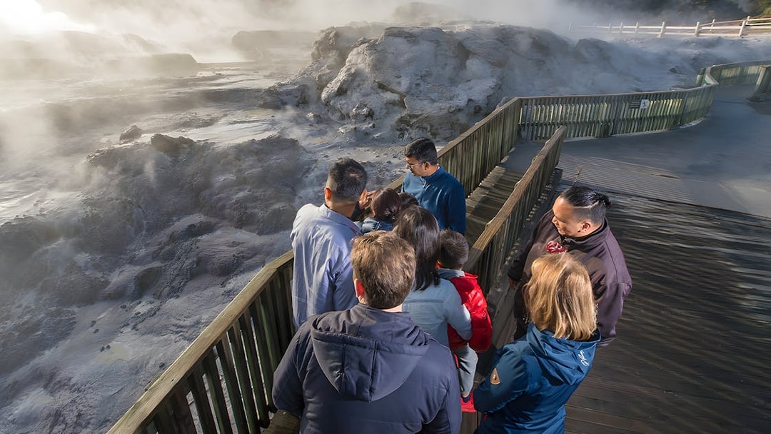 Visitors observing geothermal activity at Te Puia, Rotorua during guided tour from Auckland.