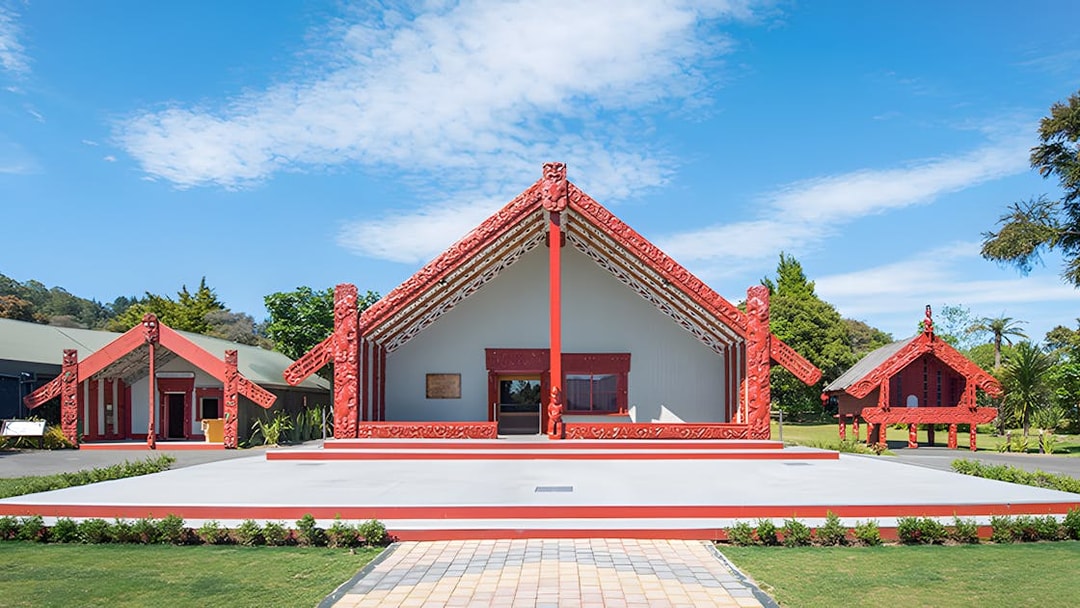 Traditional Māori meeting house at Te Puia, Rotorua, New Zealand.