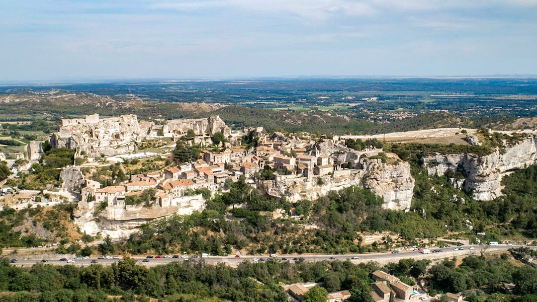 Aerial view of Les Baux-de-Provence village and surrounding landscape on Provence full-day tour.