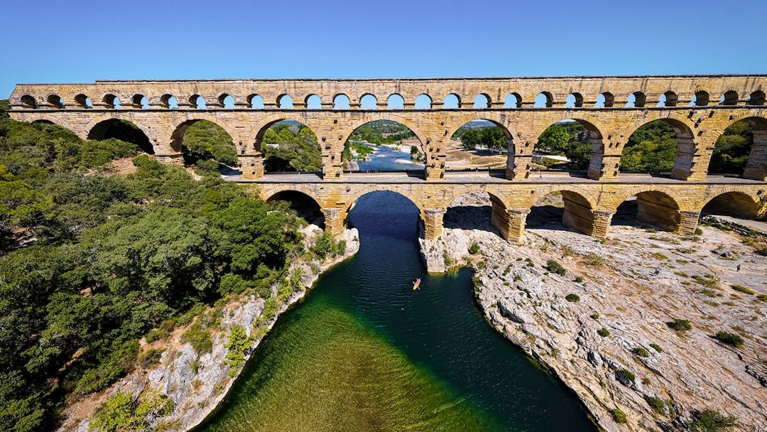 Pont du Gard aqueduct over river in Provence, France, seen on a guided tour from Avignon.