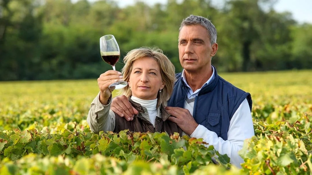 Couple examining wine in a vineyard during a wine tour.