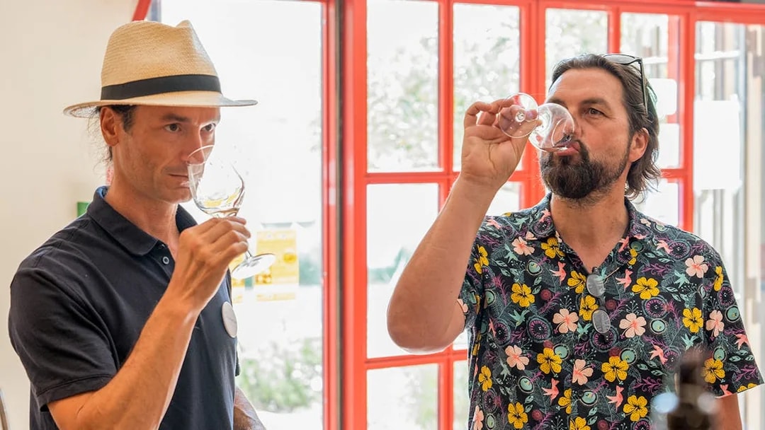 Wine tasting experience in Chateauneuf du Pape with two people sampling wine indoors.