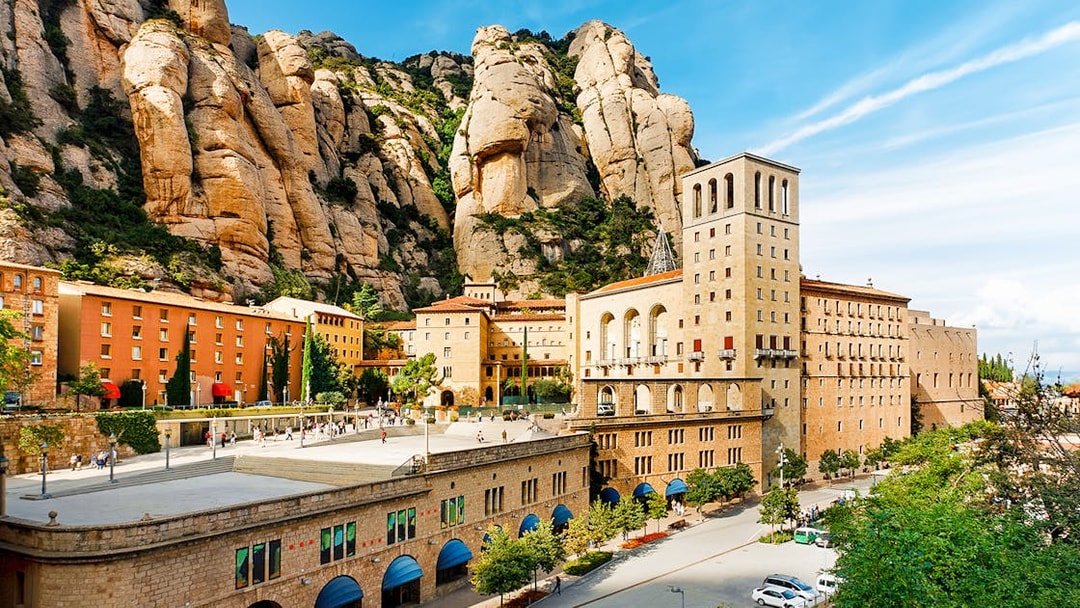 Montserrat Monastery with rocky mountain backdrop in Barcelona, Spain.