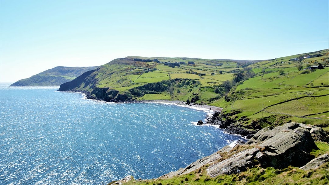 Giant's Causeway coastal view with cliffs and green fields, Northern Ireland.