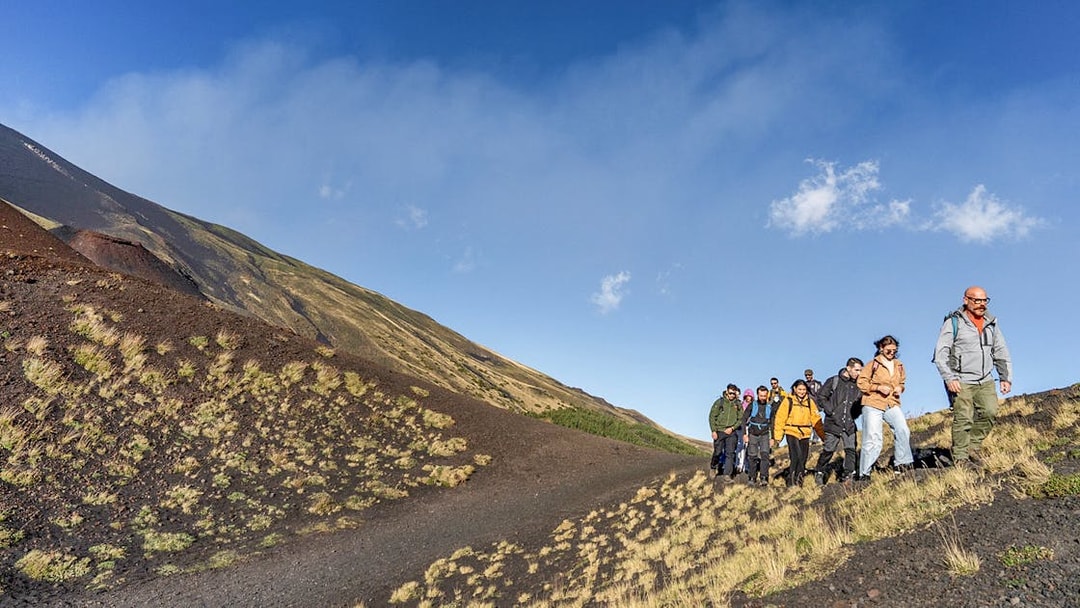 Group hiking on Mount Etna's slopes during Catania morning tour.