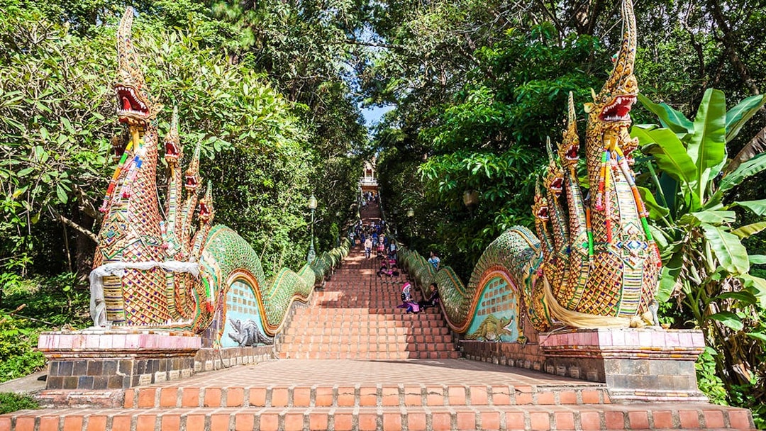 Staircase with dragon sculptures at Doi Suthep, Chiang Mai.