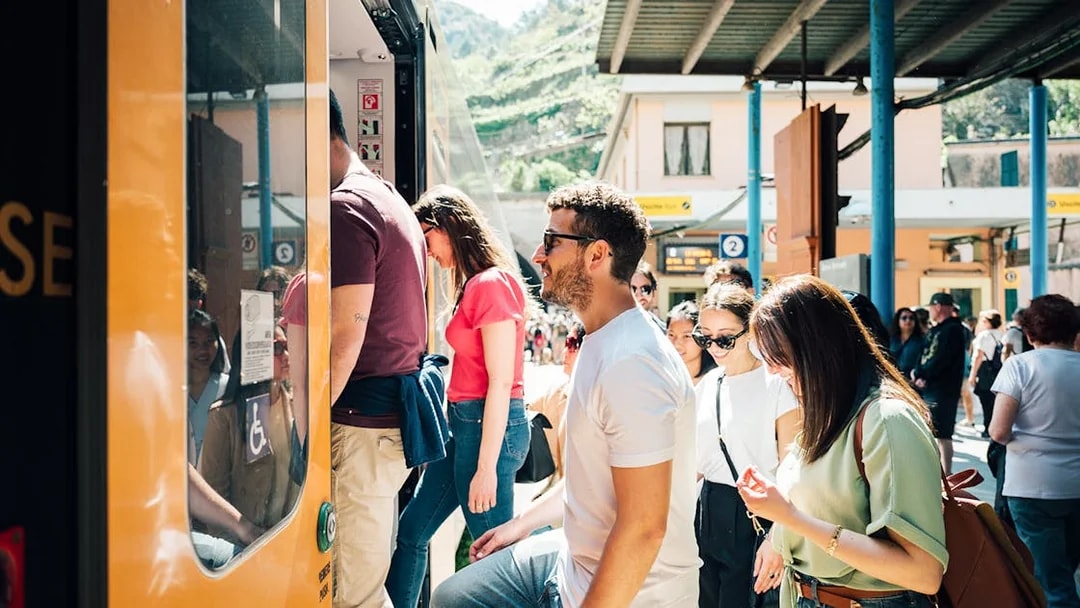 Passengers boarding train for Cinque Terre day trip from Florence.