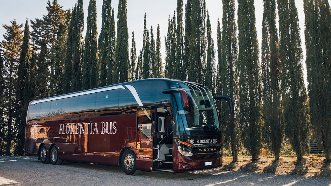 Tour bus parked among cypress trees in Tuscany, Italy.