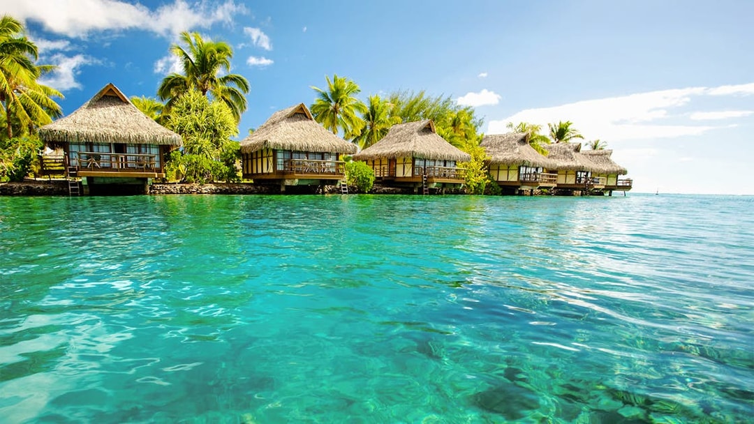 Overwater bungalows with thatched roofs in Bimini, Bahamas, surrounded by clear blue water.
