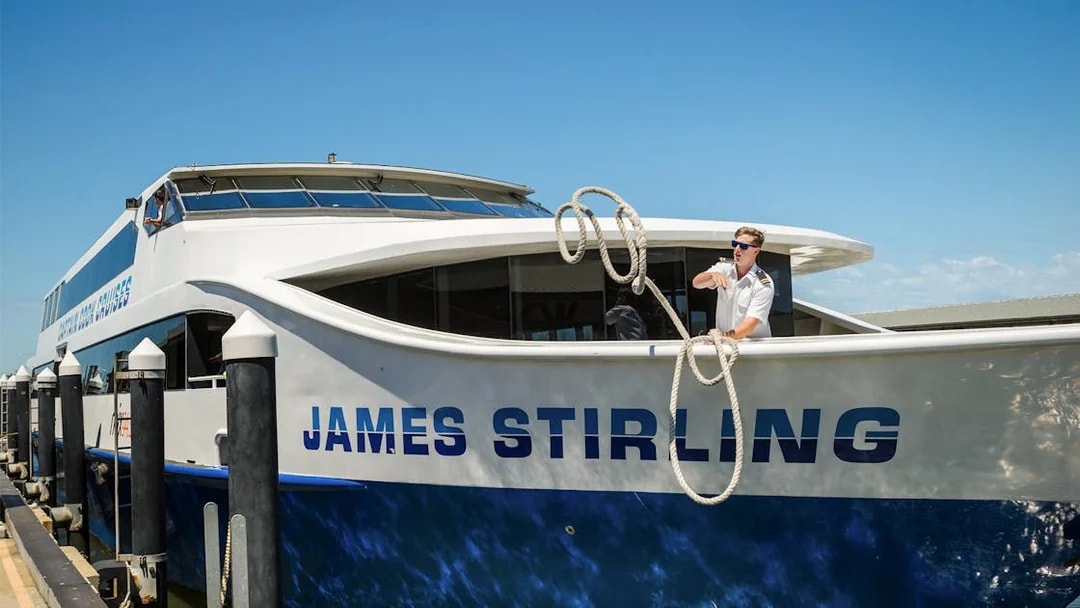Cruise ship James Stirling docked at Fremantle for Swan River scenic tour.