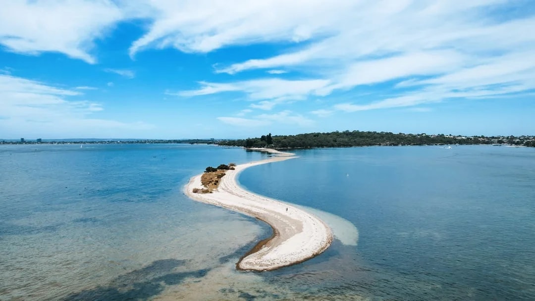 Aerial view of Point Walter sandbar extending into the Swan River, Perth, Australia.