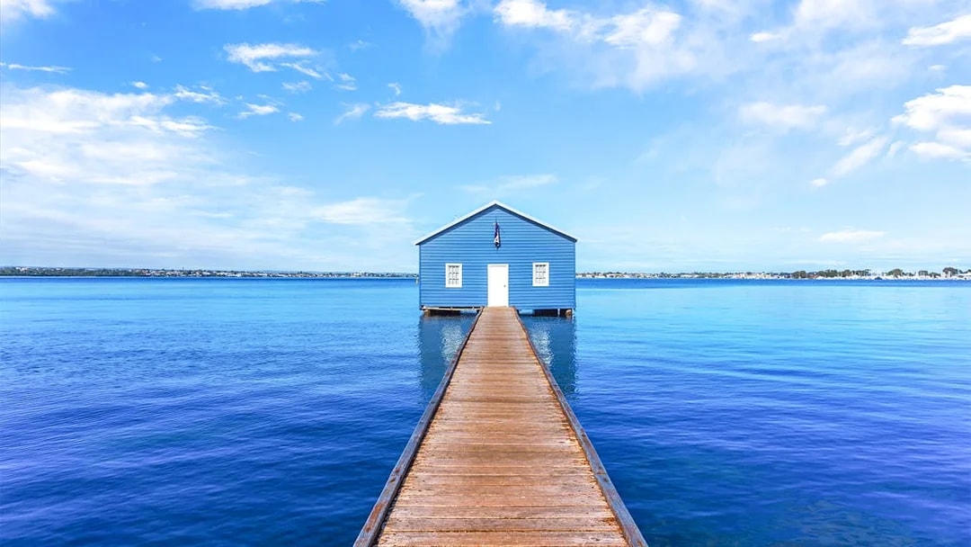 Blue Boat House on Swan River jetty in Perth, Australia.