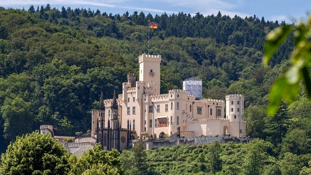 Stolzenfels Castle surrounded by lush greenery near Koblenz, Germany.