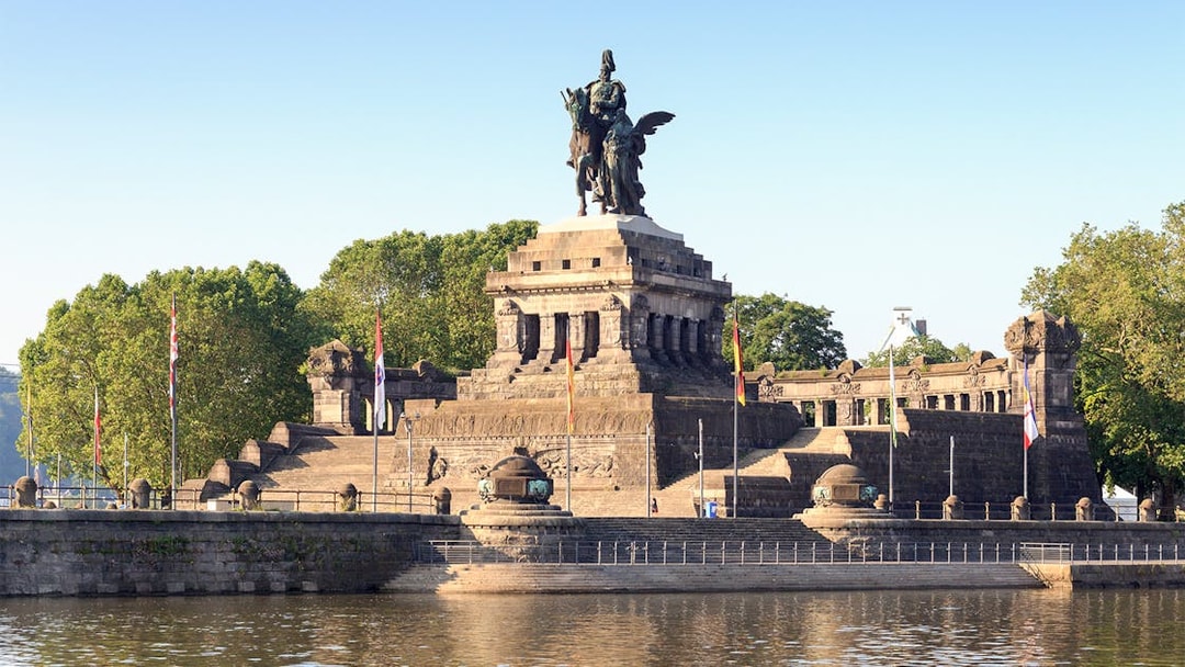 Koblenz German Corner with Emperor William I monument at Rhine and Moselle rivers meeting point.