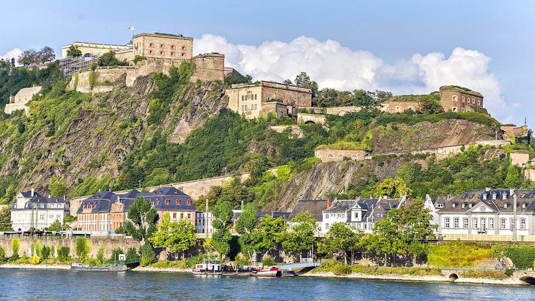 Ehrenbreitstein Fortress overlooking the Rhine River in Koblenz, Germany.