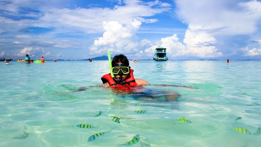 Young man snorkeling in clear waters at Phi Phi Island, Thailand with tropical fish.