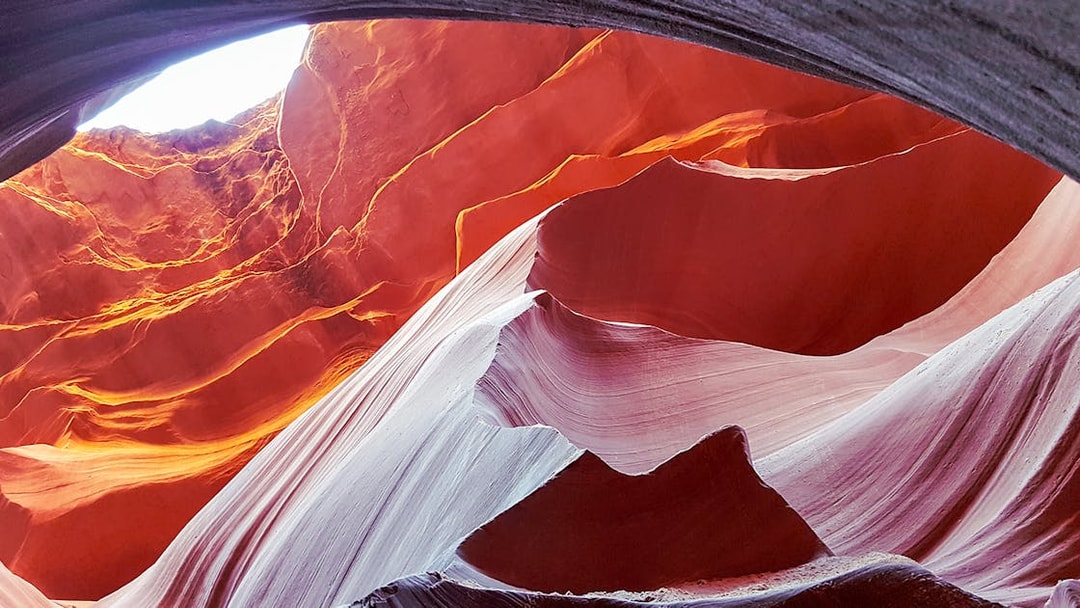 Antelope Canyon's swirling red rock formations viewed from an airplane tour.