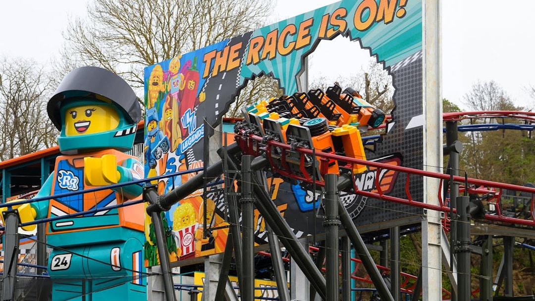 Roller coaster at LEGOLAND® Windsor Resort with LEGO racer theme.