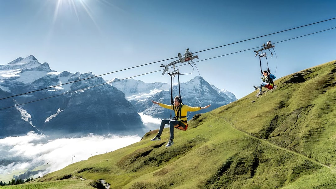 Person zip lining at Grindelwald First with Swiss Alps in the background.