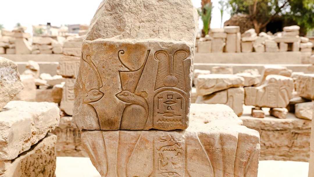 Hieroglyphics on stone block at Karnak Temple, Egypt.
