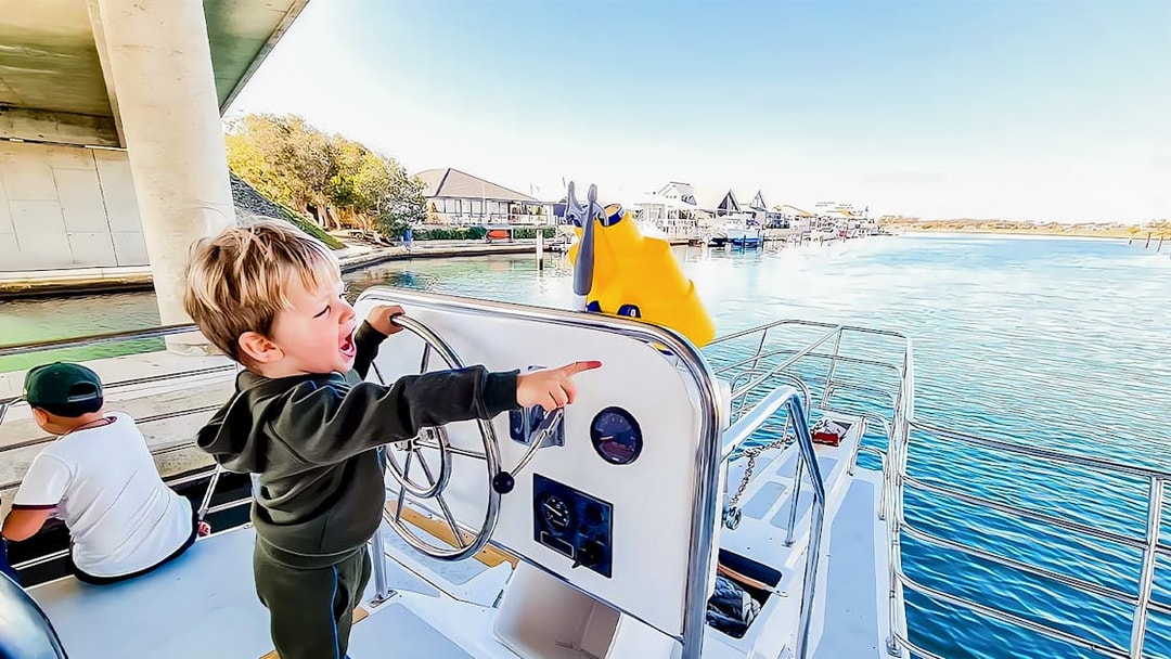 Child steering a boat, pointing towards dolphins in the water.