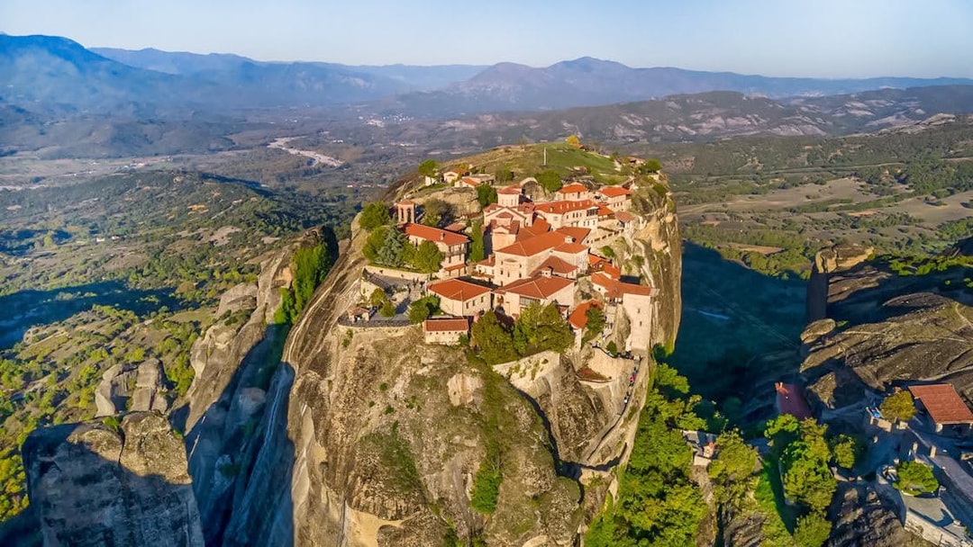 Holy Monastery of the Great Meteoron perched on a rocky cliff in Meteora, Greece.