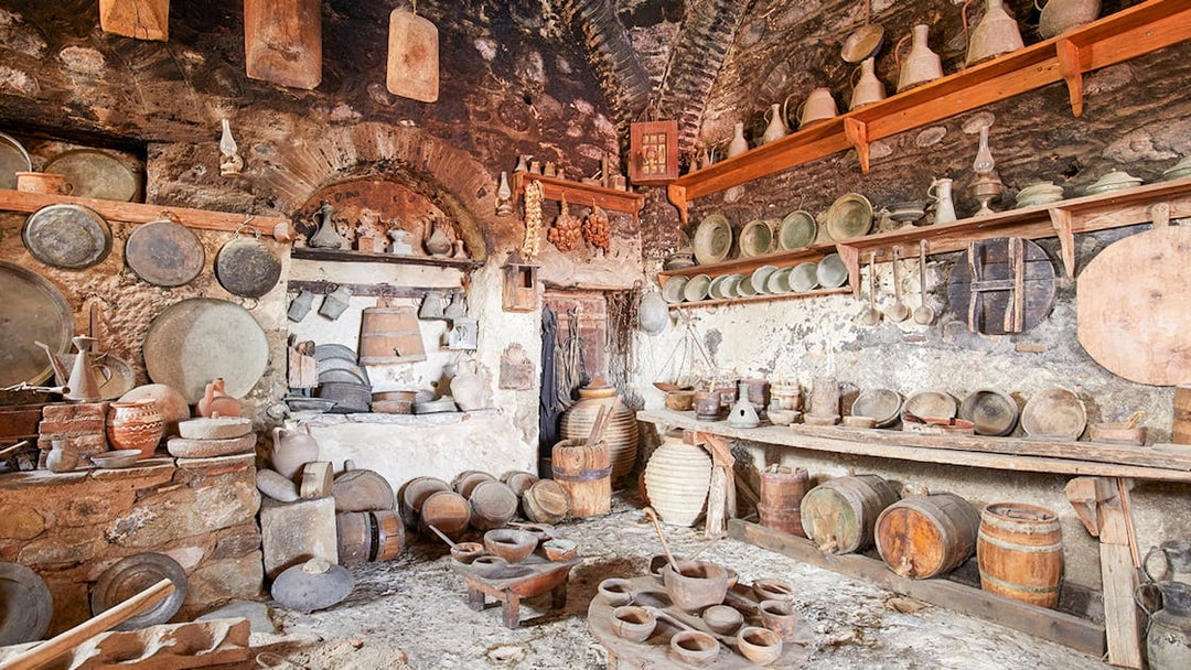 Great Meteoron Holy Monastery interior with ancient kitchenware and pottery.