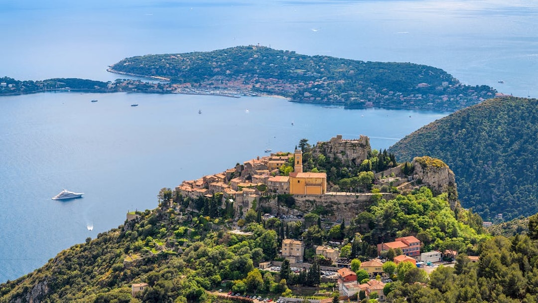 Aerial view of Eze, France, highlighting medieval architecture and coastal scenery.