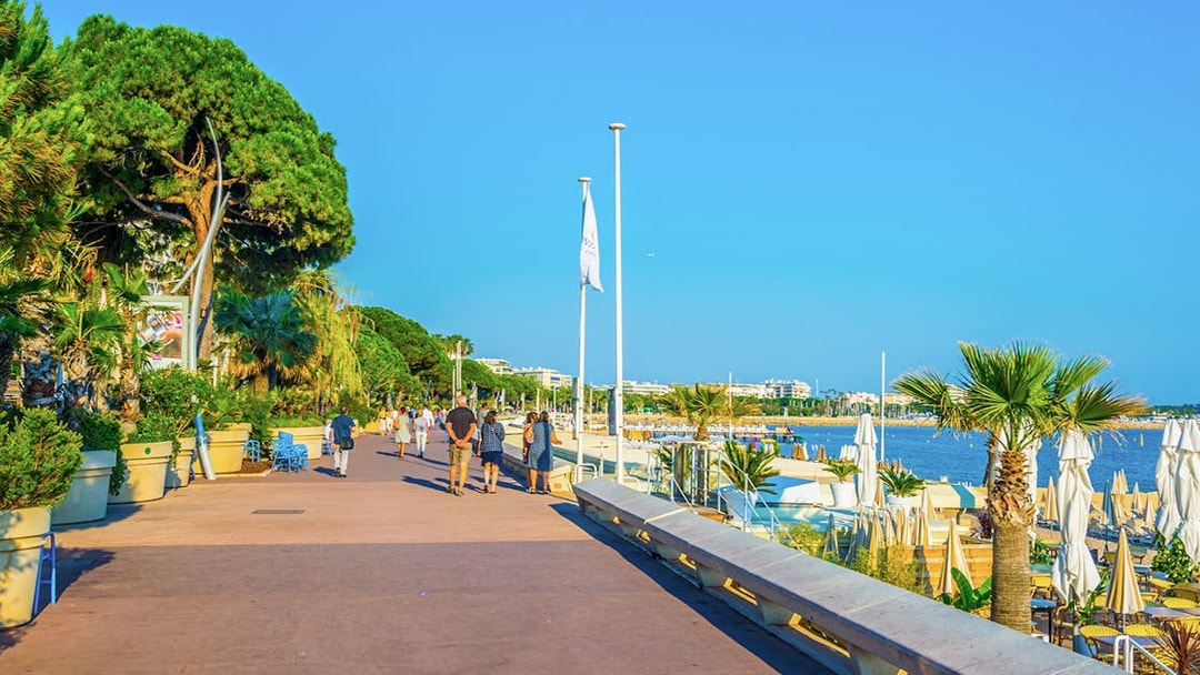 People walking along boulevard de la Croisette in Cannes, near the beach and palm trees.