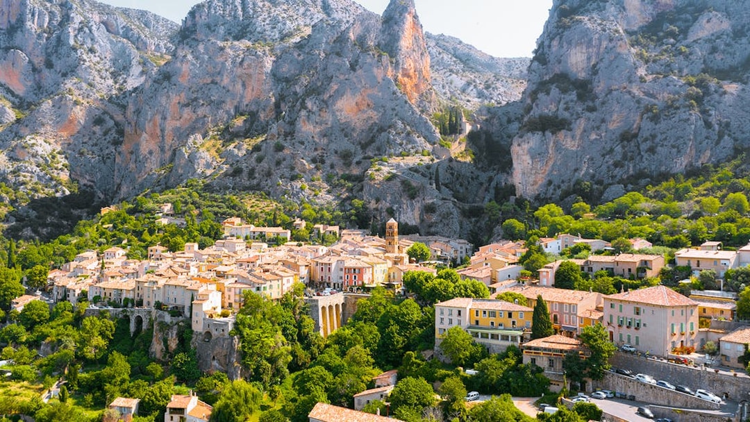 Hilltop village surrounded by cliffs in Gorges du Verdon, France.