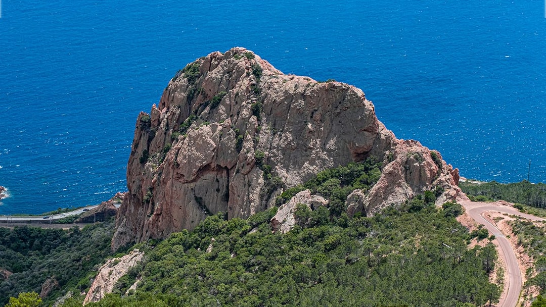 Massif de l'Esterel volcanic mountain range with Mediterranean Sea view, French Riviera.