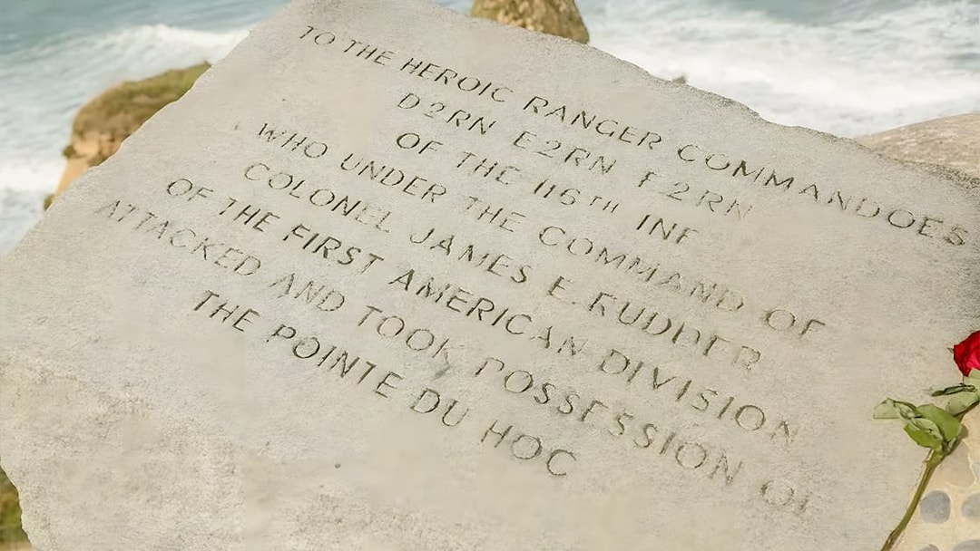 Pointe du Hoc memorial plaque honoring D-Day Rangers, Normandy, France.