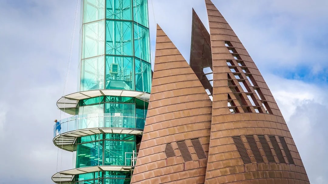 Swan Bell Tower in Perth with glass observation deck and copper sails.
