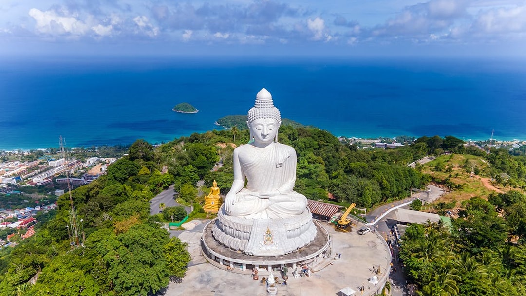 Big Buddha statue overlooking the sea in Phuket, Thailand.