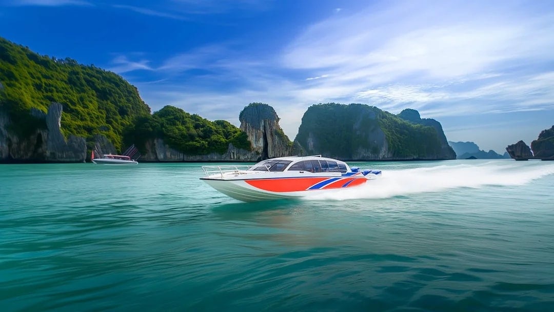 Speedboat cruising near Khai Islands with lush cliffs, part of a half-day tour from Phuket.