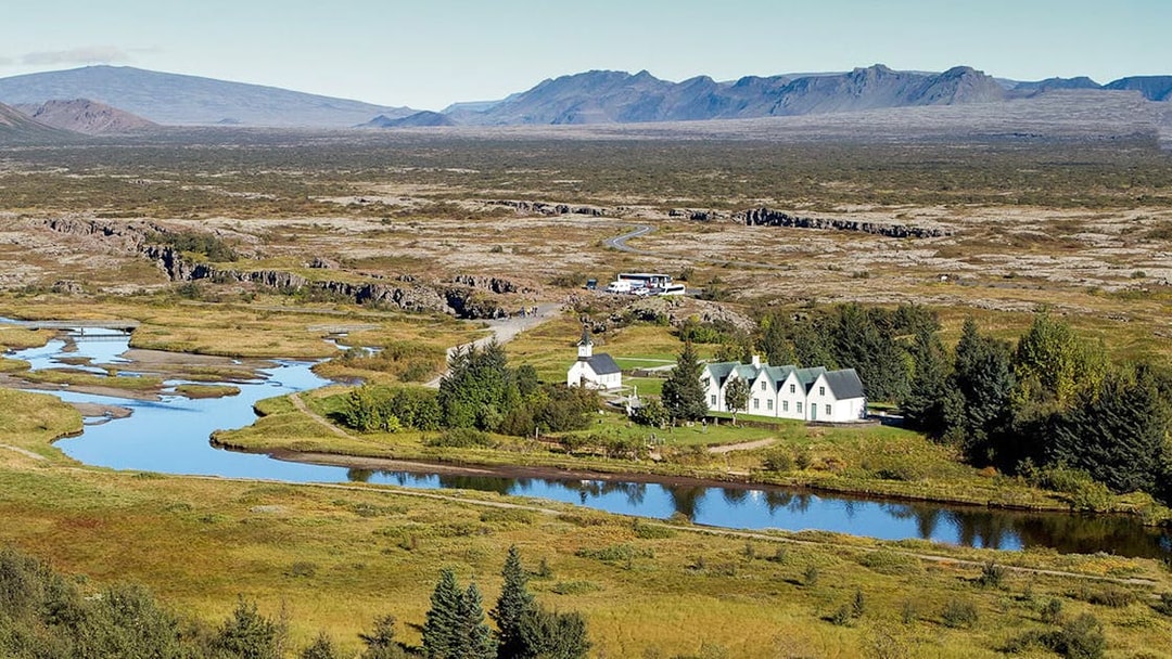 Aerial view of Thingvellir National Park with church and river, Iceland.