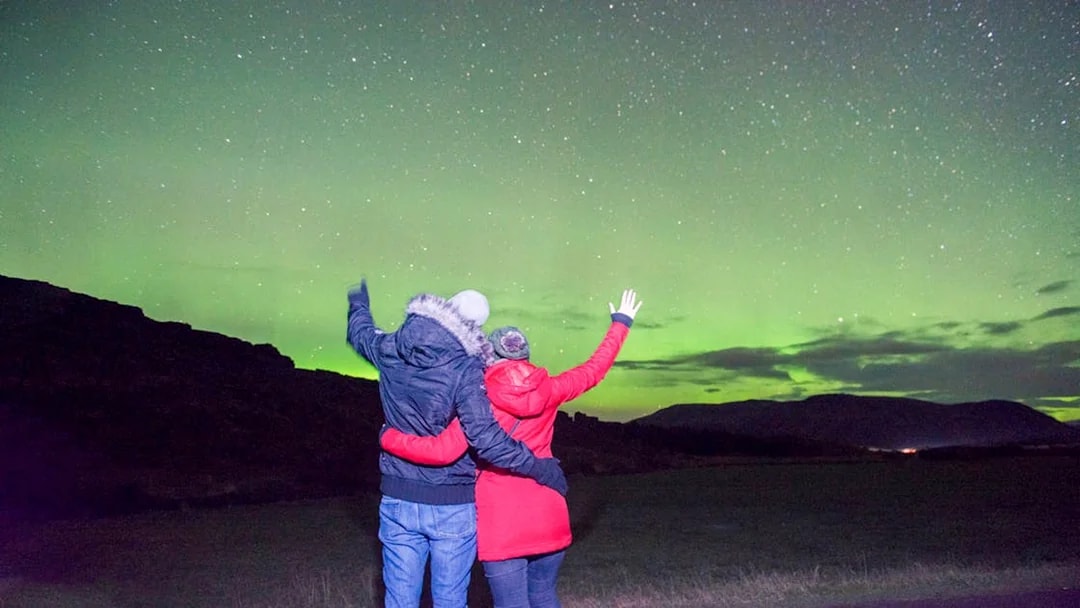 Guests viewing Northern Lights on a sightseeing bus tour.
