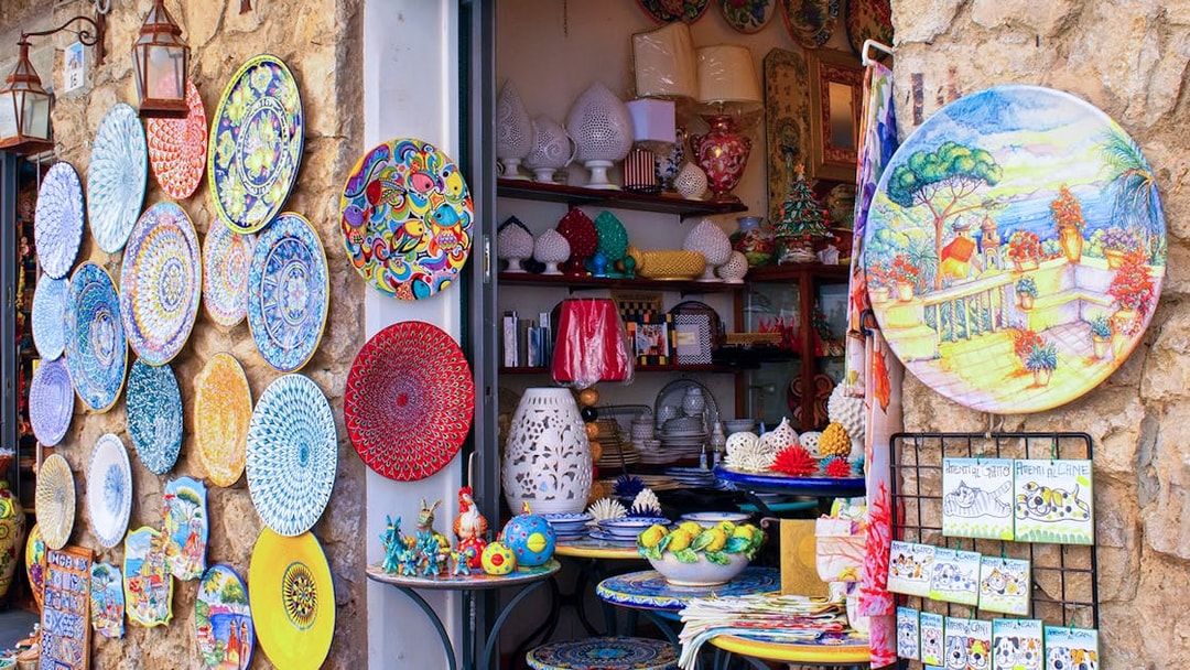 Colorful ceramics displayed at a Sorrento souvenir shop on the Amalfi Coast.