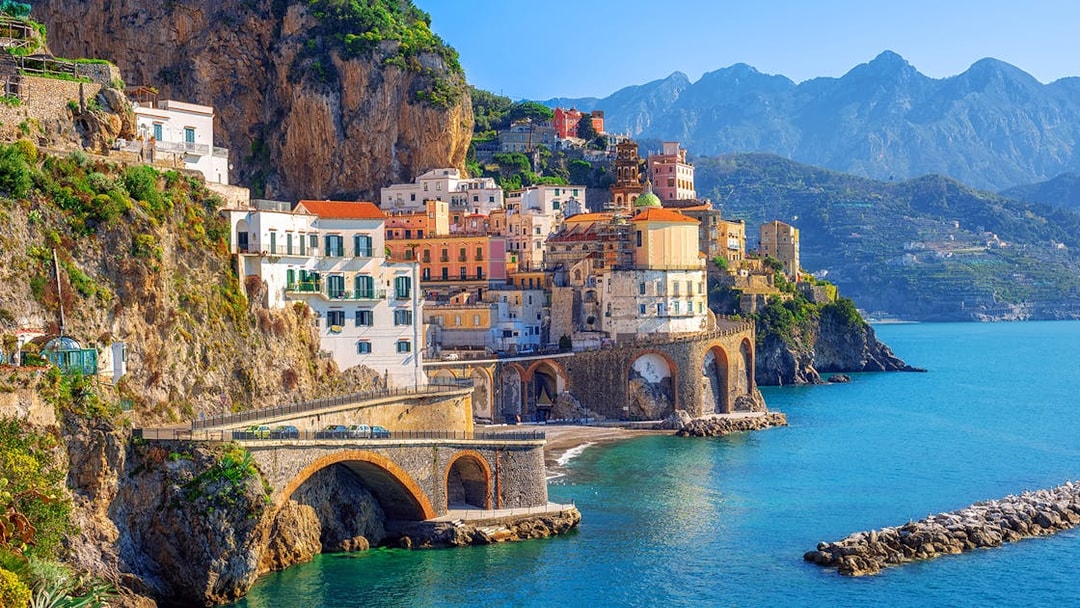 Cliffside village with colorful buildings along the Amalfi Coast, Italy.