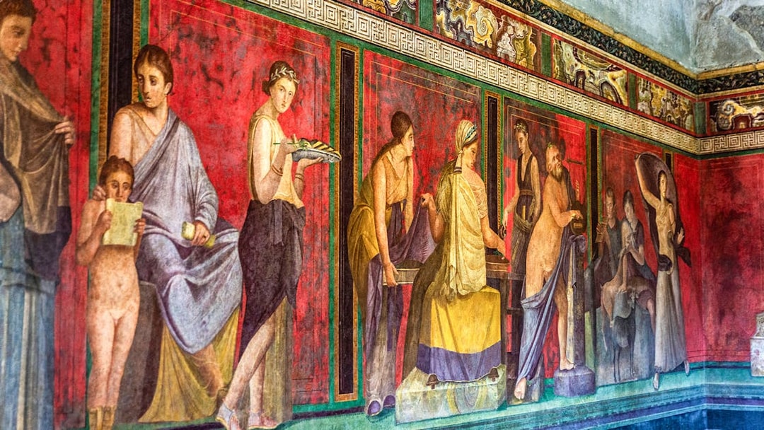 Ancient fresco in Pompeii depicting figures in vibrant colors, showcasing Roman art in Naples, Italy.