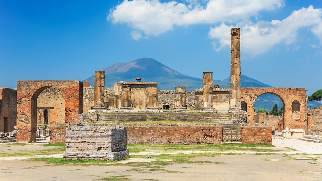 Ruins of Pompeii with Mount Vesuvius in the background, Italy.