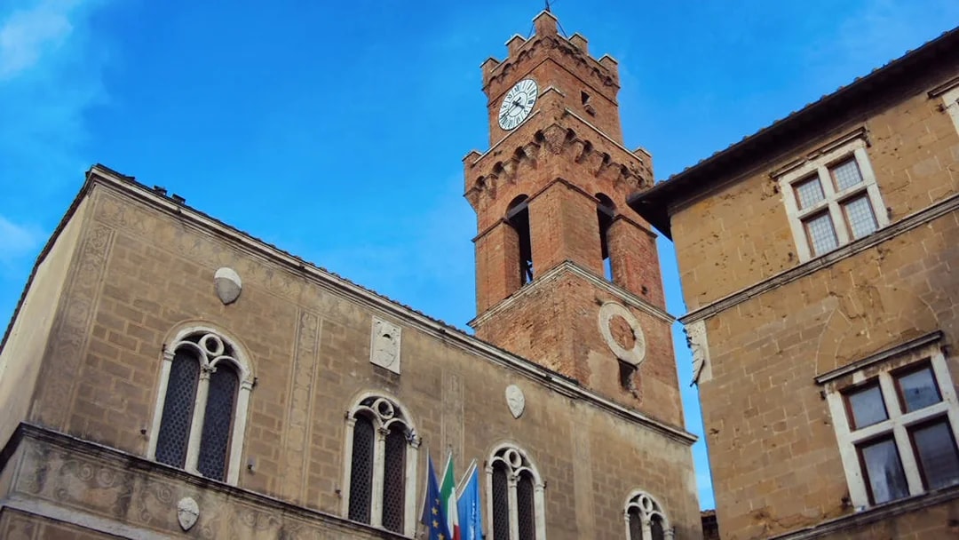 Clock tower in Pienza, Tuscany, viewed during the Best of Tuscany in One Day tour from Rome.