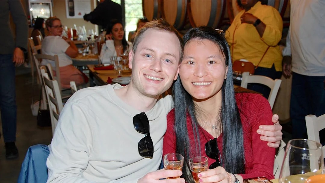 Couple enjoying wine tasting in a Tuscan winery during Best of Tuscany tour from Rome.