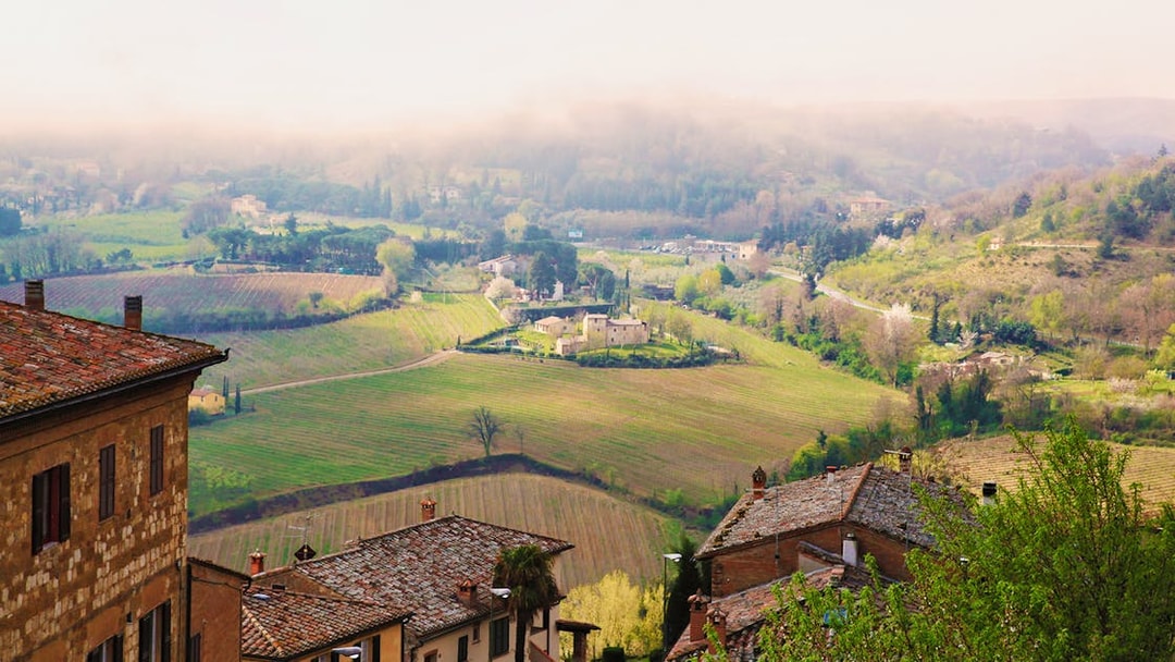 Tuscany countryside view with vineyards and rustic buildings, part of Best of Tuscany in One Day tour from Rome.