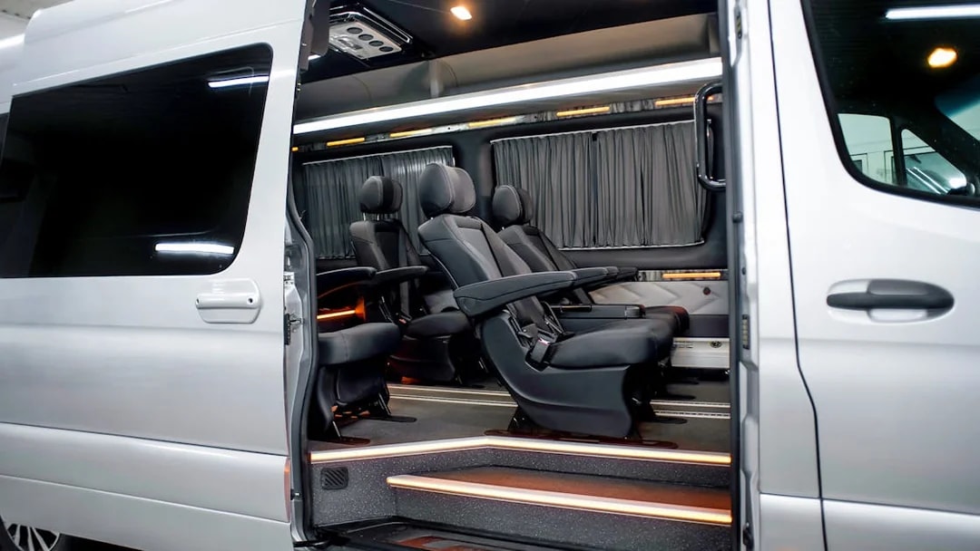 Luxury interior of transfer vehicle for Northern Lights expedition.