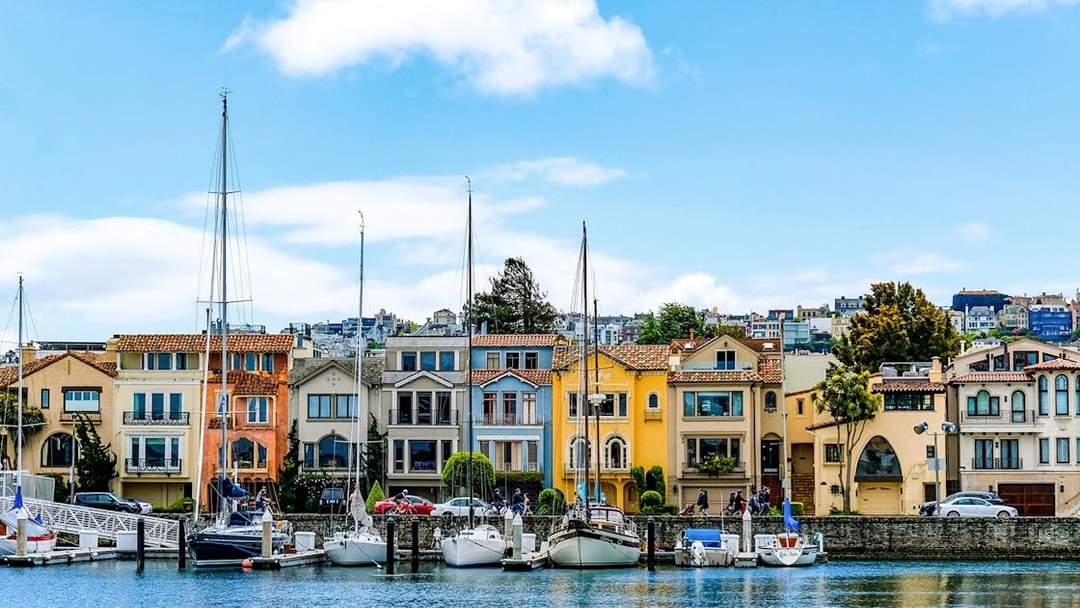 Colorful houses and sailboats along the waterfront in Sausalito, near San Francisco.
