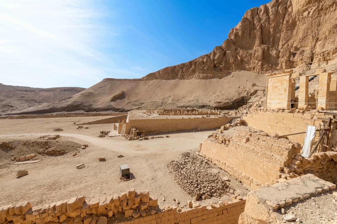 Valley Temple ruins with desert landscape in the background, Egypt.