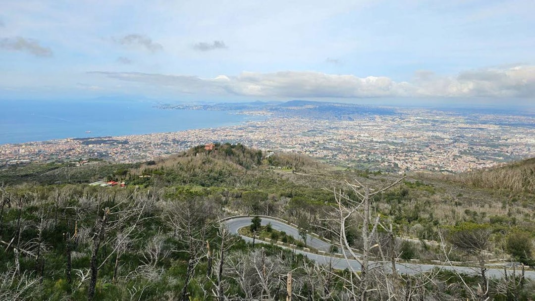 View of Naples and coastline from Mount Vesuvius on guided e-bike tour from Sorrento.