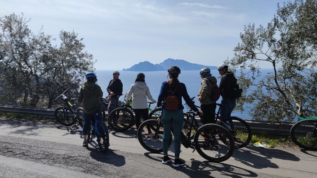 Group on e-bikes overlooking the sea during Mount Vesuvius tour from Sorrento.