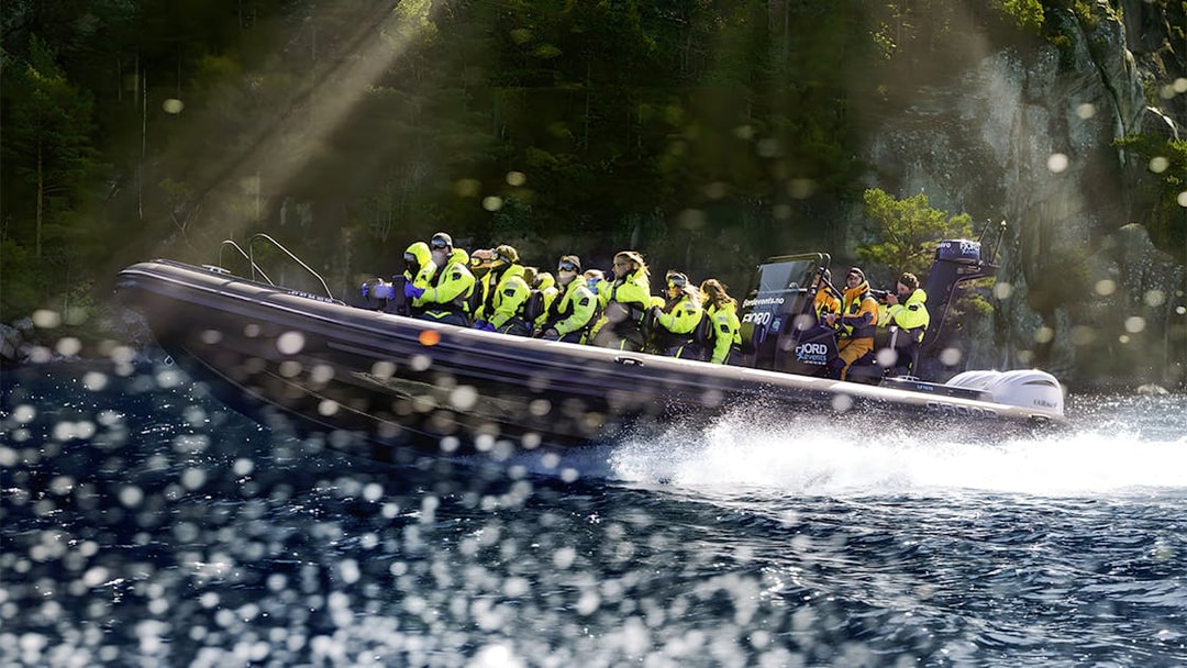 Guests on RIB boat during Lysefjord Safari with guide, Norway.